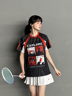 f61黑红拼接羽毛球服女男，情侣t恤比赛训练速干运动上衣短袖