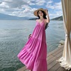 三亚巴厘岛玫粉色v领吊带，大露背连衣裙海边度假旅游拍照沙滩长裙