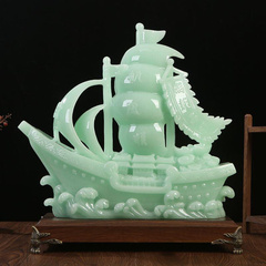 新中式一帆风顺玉石帆船摆件酒柜装饰品办公室摆设工艺品开业