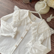 女童白色蕾丝花边衬衫纯棉洋气，小孩棉衬衣，2024年春装宝宝上衣