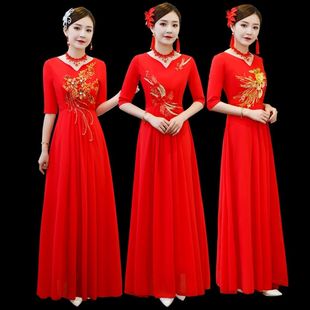 大红色合唱服演出服长裙女2022合唱队舞台指挥服主持人礼服