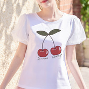 甜美樱桃印花短袖t恤女春夏季网纱泡泡，袖设计感白色上衣女