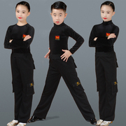 儿童男拉丁舞蹈服装男童，女童男孩黑色，金丝绒练功服套装秋冬季