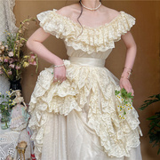 豌豆公主超仙vintage波点网纱法式公主蕾丝一字，领古董婚纱连衣裙