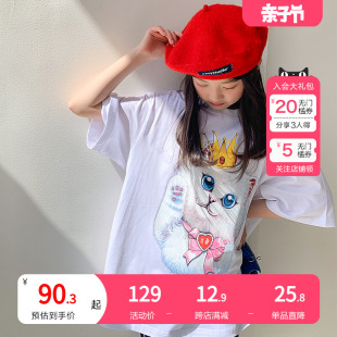 ANMO安墨女童夏季短袖圆领T恤中大童半袖小猫印花上衣甜美可爱