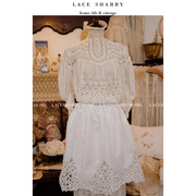 laceshabby法式复古白色棉麻，布鲁塞尔蕾丝半身，百褶围裙家居服