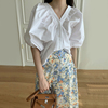 韩国chic简约气质v领单排扣宽松泡泡袖，衬衫+高腰雪纺碎花半身裙女