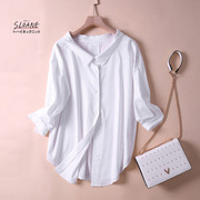 日系气质高端宽领七分袖白色衬衫春秋纯棉，女装衬衣上衣开衫