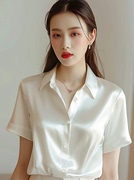 真丝白色短袖衬衫，女夏季法式设计感职业上衣冰丝醋酸缎面衬衣