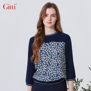 Gitti/吉蒂七分袖心形印花条纹拼接T恤女宽松大码显瘦上衣G235078