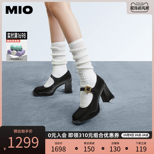 MIO米奥2023秋季浅口一字扣单鞋方高跟漆面显瘦玛丽珍小皮鞋