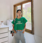 Cmy  korea韩国东大门女装短款露脐草绿色字母短袖T恤