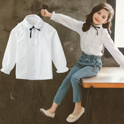 女童长袖白衬衫2023秋季韩版荷叶边衬衣，中大童花边翻领上衣