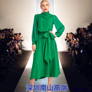 深圳2024春夏季女装立领灯笼长袖绿色系带不规则气质连衣裙