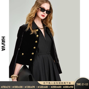 HAVVA2024春季黑色丝绒外套女短款气质小香风法式上衣W2989