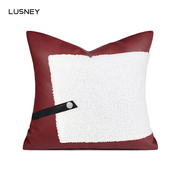 现代轻奢样板房抱枕沙发，客厅枣红皮革，白棉纽扣抱枕定制床头软