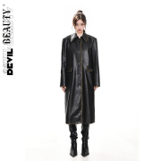 DevilBeauty黑色直筒水洗环保皮风衣铆钉装饰时尚摩登长外套