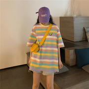 彩虹条纹纯棉短袖T恤女2023中长款刺绣宽松修身学生短袖小众