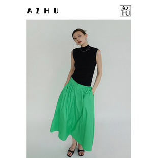 AZHU  气质A字复古时髦阔型半身裙女夏高腰百搭伞裙绿色半身长裙