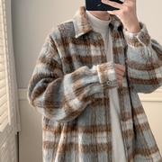 小香风海马毛外套男设计感高级感咖色格子水貂绒衬衫式夹克秋冬季