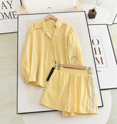 小艾の运动风休闲套装~宽松显瘦黄色长袖衬衫，外套+休闲短裤两件套