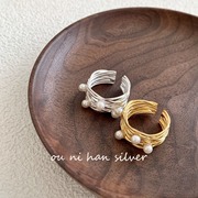 日韩s925纯银多层条线缠绕珍珠戒指，女小香风潮轻奢几何食指环饰品
