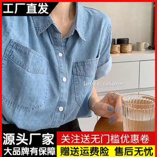 复古港味牛仔衬衫女薄款夏季宽松设计感小众上衣polo领短袖衬衣潮