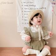 韩版婴儿衣服春装背带裤连体衣套装女宝宝甜美碎花T恤+哈衣两件套