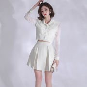 小香风两件套女2022秋季韩版网纱拼接长袖上衣，高腰蓬蓬裙短裙套装