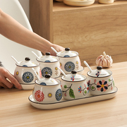 日式和风陶瓷调料罐釉下彩，调味瓶套装家用厨房，带托盘盐罐调料瓶