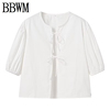 bbwm欧美女装，时尚简约纯色胸前系带，白色衬衫