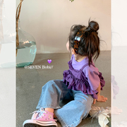 柒号童仓女童韩版洋气两件套短袖T恤宝宝夏装儿童紫色花边上衣潮