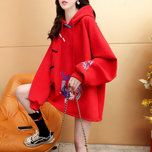 加绒加厚大红色连帽卫衣女中长款2024春季洋气，宽松设计感外套