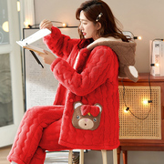 睡衣女冬季三层加厚加绒珊瑚绒夹棉袄韩版可爱保暖女士家居服套装