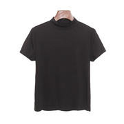 外贸夏季纯色半高领黑色这种针织短袖T恤女士时尚洋气高腰小衫