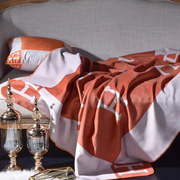 锦狐绒欧式条纹毛毯飞机盖毯子橘色印花H毛毯沙发装饰午睡毯搭毯