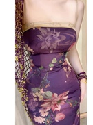 水合一复古新中式改良旗袍，紫莲吊带连衣裙