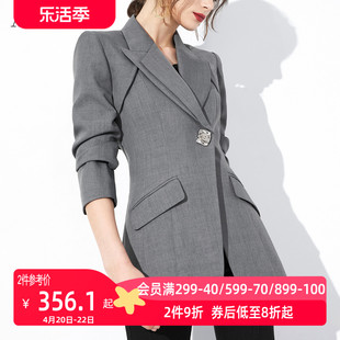aui灰色气质职业西装外套，女2024秋冬设计感小众收腰长袖西服