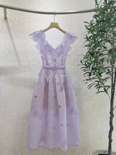 越南重工刺绣蕾丝网纱紫色仙女气质立体花瓣肩带连衣裙