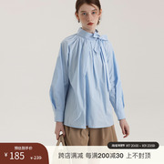 babymoon2023秋装设计感法式纯棉上衣长袖，蝴蝶结蓝色衬衫外套女