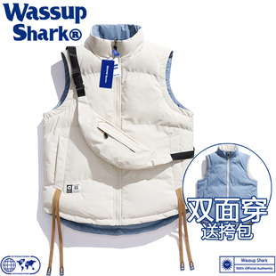 wassupshark潮牌双面穿马甲男女，情侣秋冬季加厚保暖羽绒棉服无袖