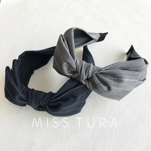 misstura韩国进口大号，蝴蝶结质感发箍深藏蓝色，灰色束发头箍
