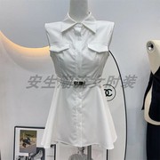 夏季衬衫女白色修身高腰无袖韩版网红气质口袋上衣女polo领潮
