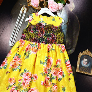 女童连衣裙童装夏装夏天裙子背心裙，玫瑰花朵蕾丝黄色公主裙礼服裙