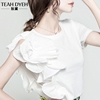 韩系少女感立体斜裁荷叶边短袖，白色飞飞袖，上衣t恤夏欧洲洋气小衫
