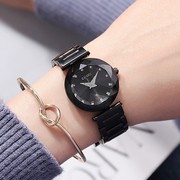 古欧 女士手表表带时尚镶钻森玻璃黑色面个性不锈钢石英国产腕表
