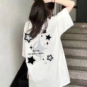 100%纯棉夏季星星，印花短袖t恤女宽松美式潮牌百搭半袖上衣服