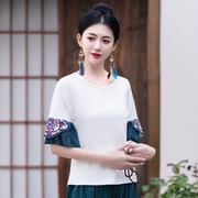 2024夏季民族风女装复古绣花纯棉短袖T恤紧身显瘦中国风上衣