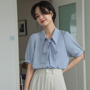 雪纺浅蓝色衬衫女夏季短袖韩系蝴蝶结法式设计感小众气质职业上衣