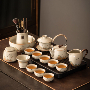 2024米黄汝窑茶具套装家用高档轻奢茶壶盖碗，功夫茶杯茶盘整套